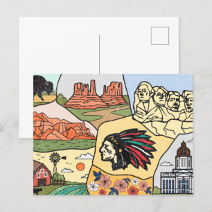 Cartão Postal Mapa Badlands Mt Rushmore Black Hills Dakota do Su
