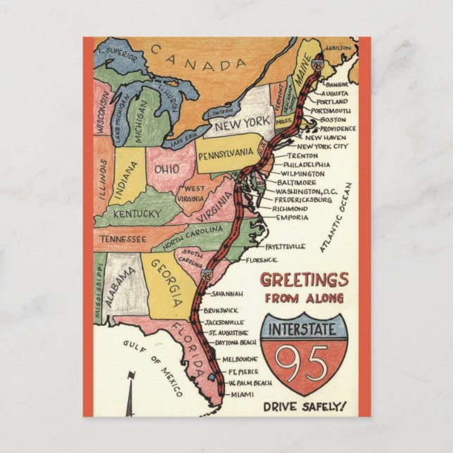 Cartão Postal Mapa Colorido à Mão da Costa Leste (Frente)