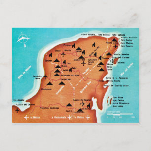 Cartão Postal Mapa Colorido Antigo de Yucatan México