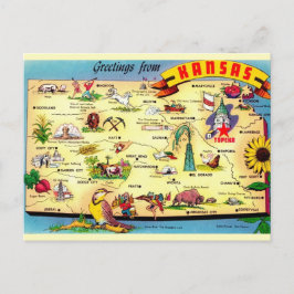 Cartão Postal Mapa Colorido Antigo do Kansas 