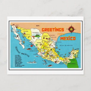 Cartão Postal Mapa Colorido Antigo do México 
