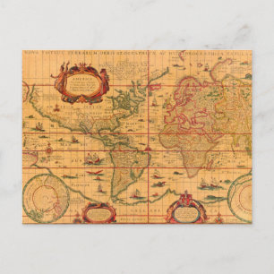 Cartão Postal Mapa Colorido Antigo e Vintage do Mundo