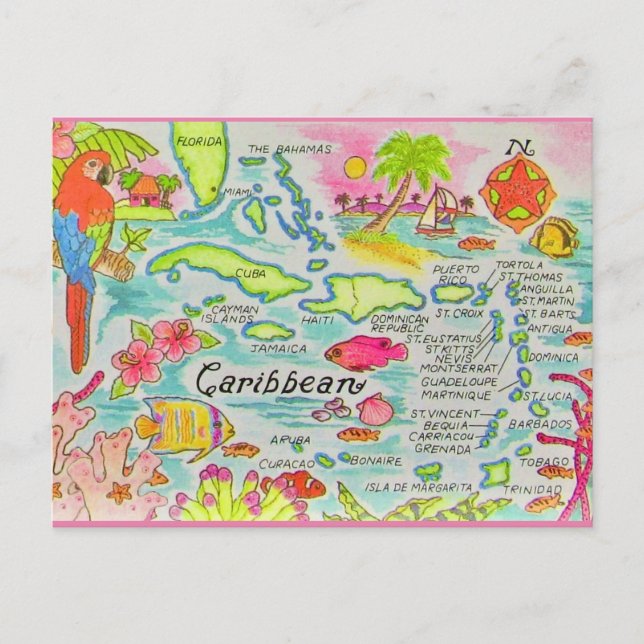 Cartão Postal Mapa Colorido das Ilhas Caribes (Frente)