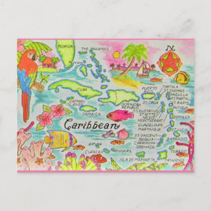 Cartão Postal Mapa Colorido das Ilhas do Caribe
