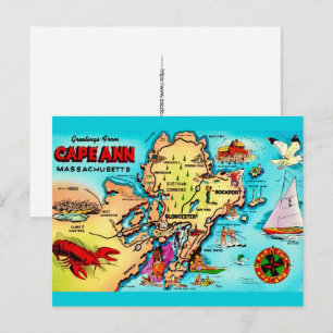Cartão Postal Mapa Colorido de Cape Ann MA