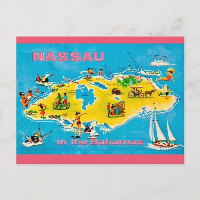 Cartão Postal Mapa Colorido de Nassau (Frente)