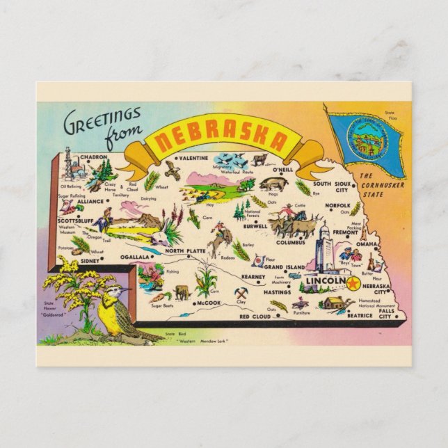 Cartão Postal Mapa Colorido de Nebraska (Frente)