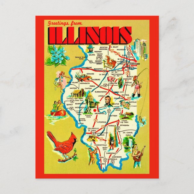 Cartão Postal Mapa colorido ilustrado de Illinois (Frente)
