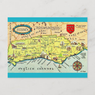 Cartão Postal Mapa colorido ilustrado de Sussex Inglaterra