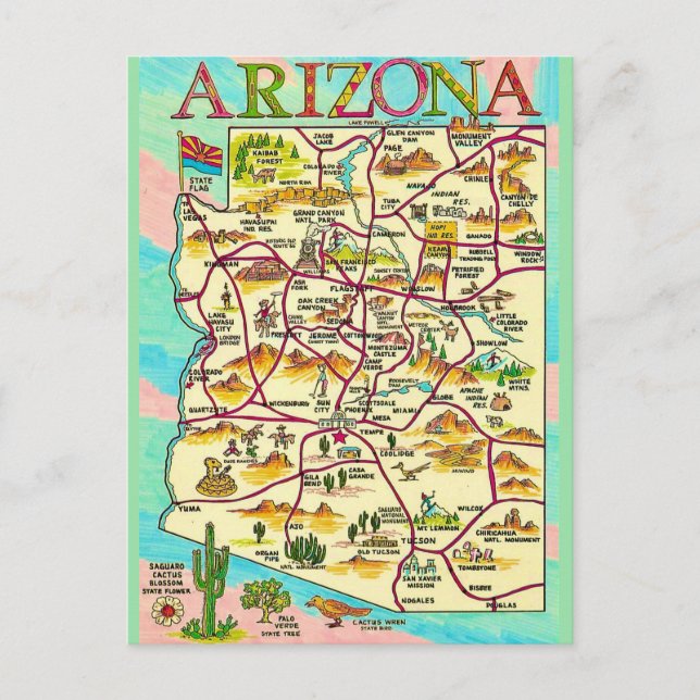 Cartão Postal Mapa Colorido Ilustrado do Arizona (Frente)