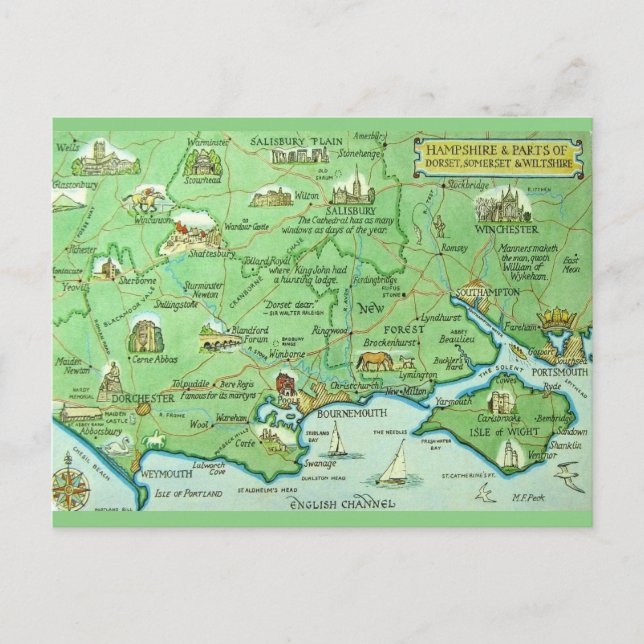 Cartão Postal Mapa colorremente ilustrado Hampshire Inglaterra (Frente)