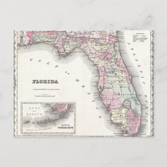 Cartão Postal Mapa Colton da Flórida em 1855 (Frente)