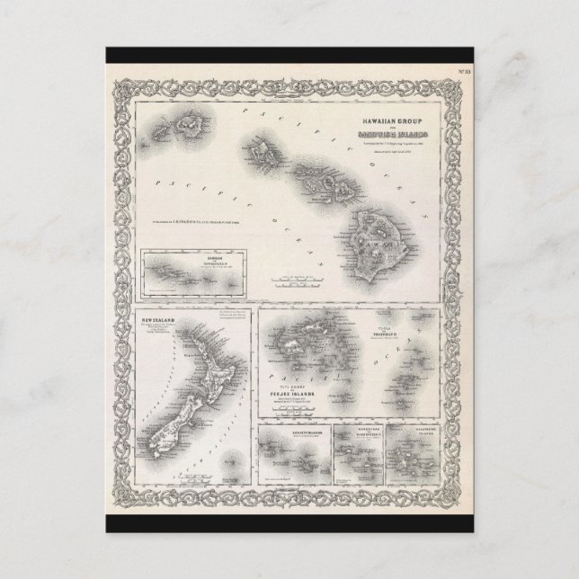 Cartão Postal Mapa Colton do Havaí e Nova Zelândia de 1855 (Frente)