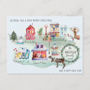 Cartão Postal Mapa da Aldeia do Polo Norte com Aquarela Ilustr