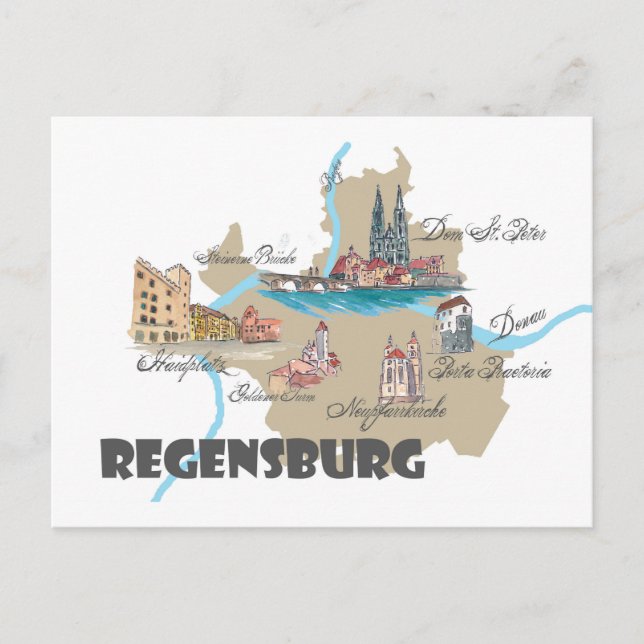 Cartão Postal Mapa da Alemanha de Regensburg (Frente)