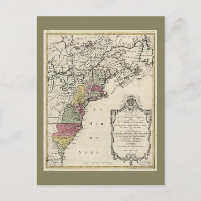 Cartão Postal Mapa da América Colonial por Matthaus Lotter (1776 (Frente)