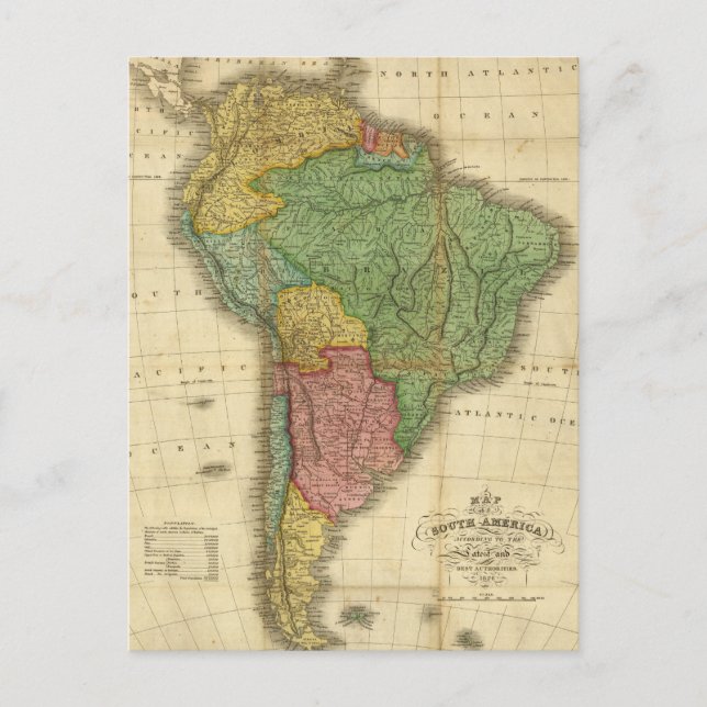 Cartão Postal Mapa da América do Sul em 1826 por Anthony Finley (Frente)