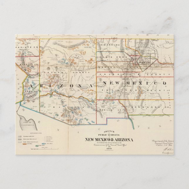 Cartão Postal Mapa da Arizona e do Novo México (1866) (Frente)
