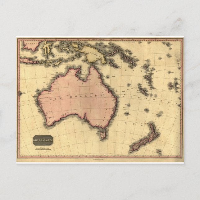 Cartão Postal Mapa da Australásia de 1818 - Austrália, Nova Zelâ (Frente)