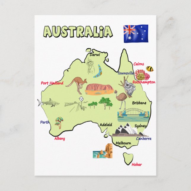 Cartão Postal mapa da Austrália com grandes cidades (Frente)