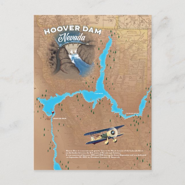 Cartão Postal Mapa da Barragem Hoover Nevada (Frente)