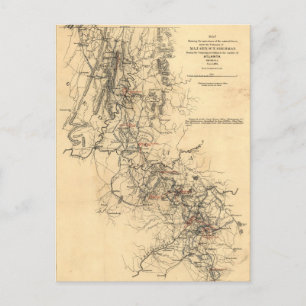 Cartão Postal Mapa da Campanha Atlanta para a Guerra Civil 1º de