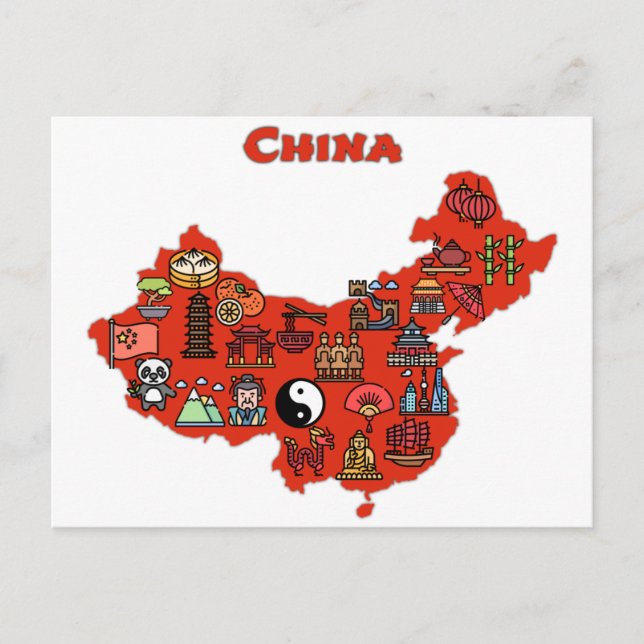 Cartão Postal mapa da China com ícones de destinos chineses (Frente)