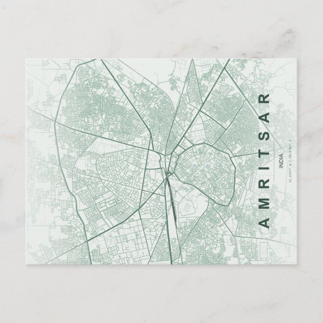 Cartão Postal Mapa da Cidade de Amritsar na Índia com Design Min (Frente)