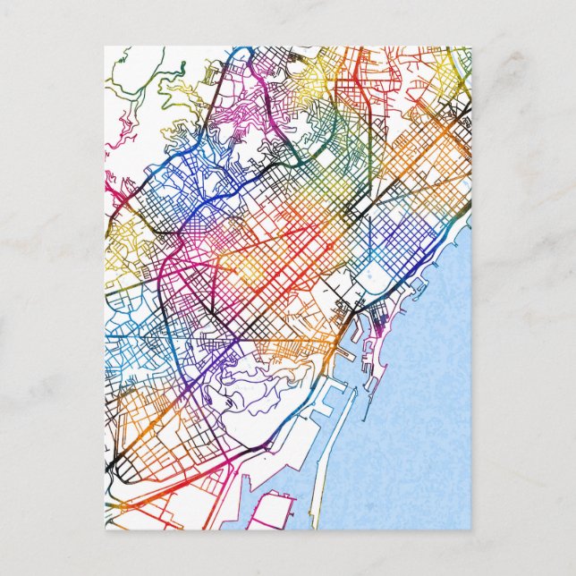 Cartão Postal Mapa da Cidade de Barcelona Espanha (Frente)