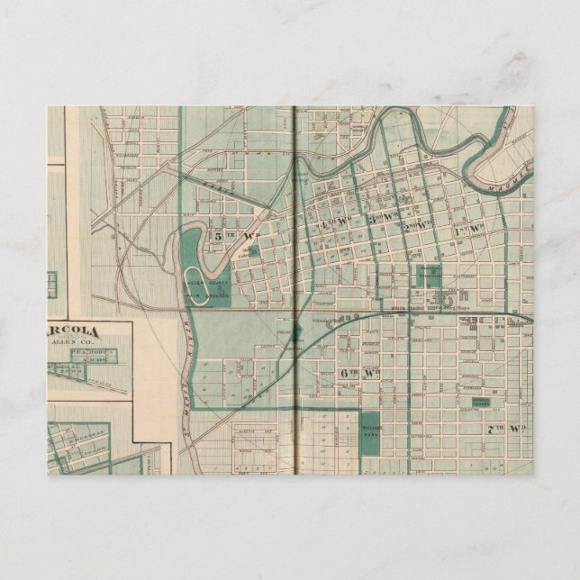 Cartão Postal Mapa da cidade de Fort Wayne com Cedarville (Frente)