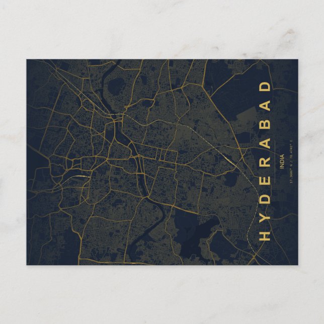 Cartão Postal Mapa da Cidade de Hyderabad na Índia com Design Mi (Frente)