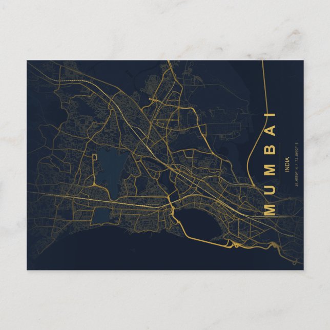 Cartão Postal Mapa da Cidade de Mumbai na Índia com Design Minim (Frente)