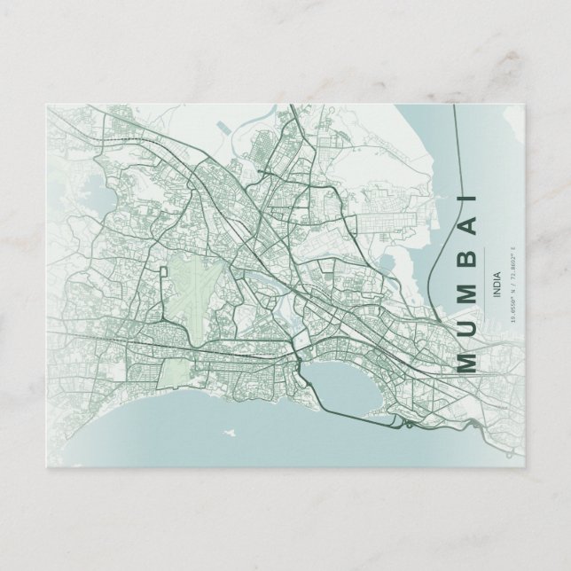 Cartão Postal Mapa da Cidade de Mumbai na Índia com Design Minim (Frente)