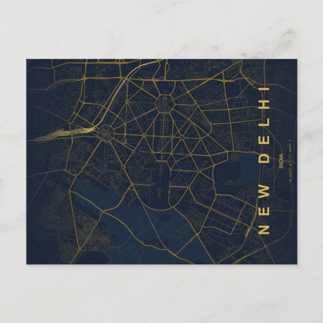 Cartão Postal Mapa da Cidade de Nova Deli Índia Design Minimalis (Frente)