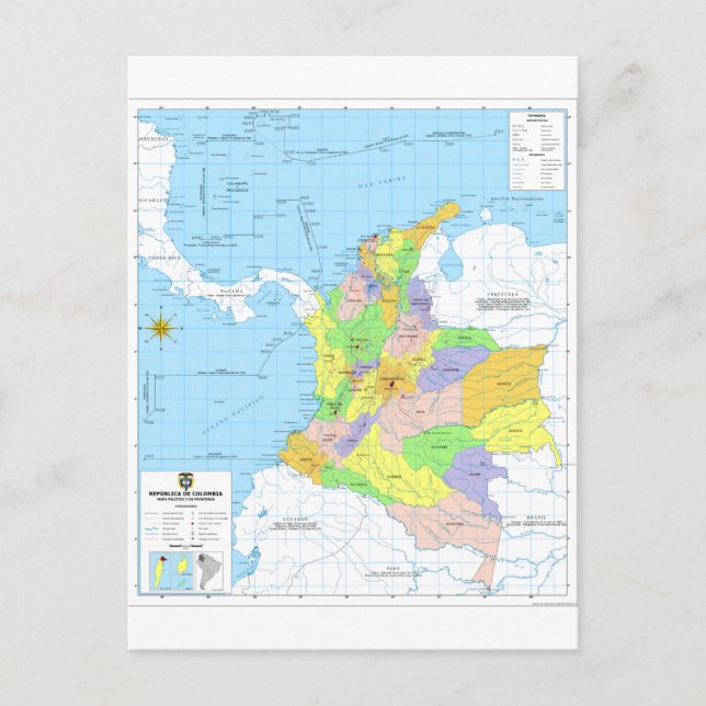 Cartão Postal Mapa da Colômbia Map of Colombia (Frente)