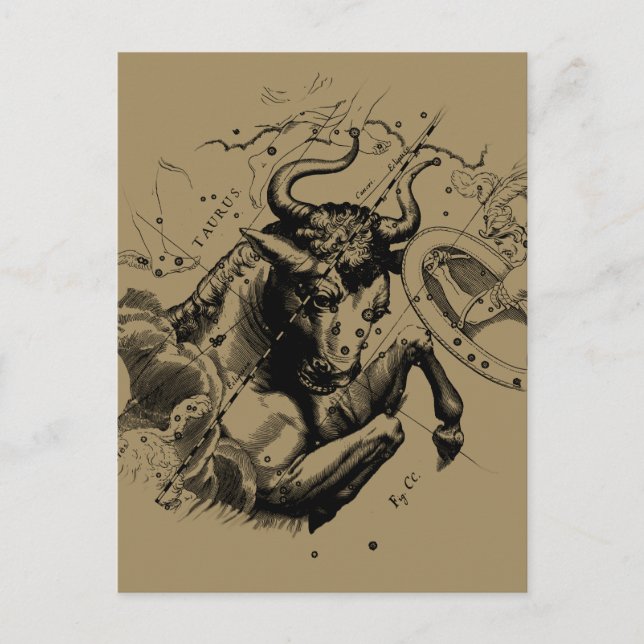 Cartão Postal Mapa da Constelação do Zodíaco de Touro Hevelius 1 (Frente)