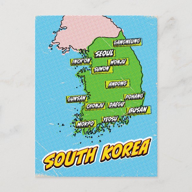Cartão Postal Mapa da Coreia do Sul ilustrado em Pop Art (Frente)