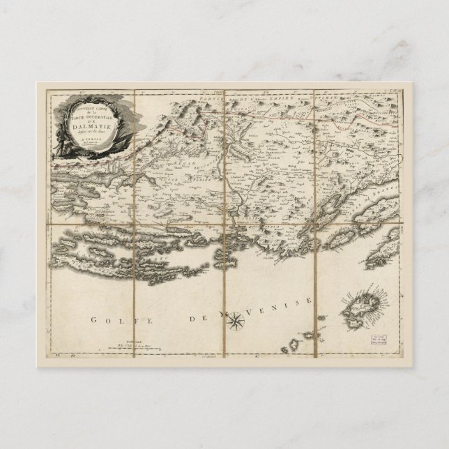 Cartão Postal Mapa da Dalmácia, Costa e Ilhas da Croácia (1780) (Frente)