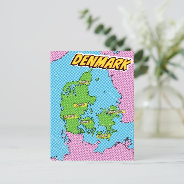 Cartão Postal Mapa da Dinamarca ilustrado em Pop Art (Em pé/Frente)