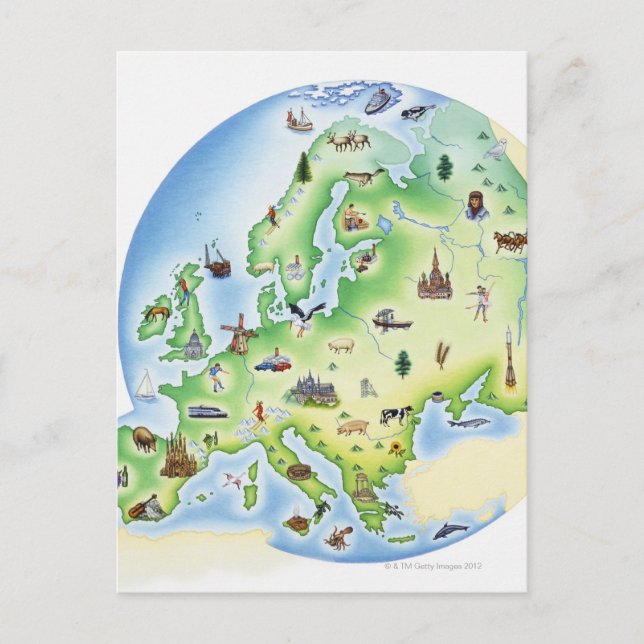 Cartão Postal Mapa da Europa com ilustrações de famoso (Frente)