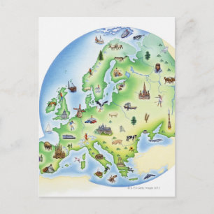 Cartão Postal Mapa da Europa com ilustrações de famoso