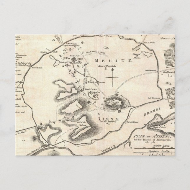 Cartão Postal Mapa da Grécia de Atenas (1784) (Frente)