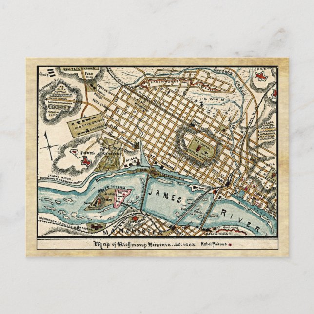 Cartão Postal Mapa da Guerra Civil de Richmond, Virginia em 1863 (Frente)