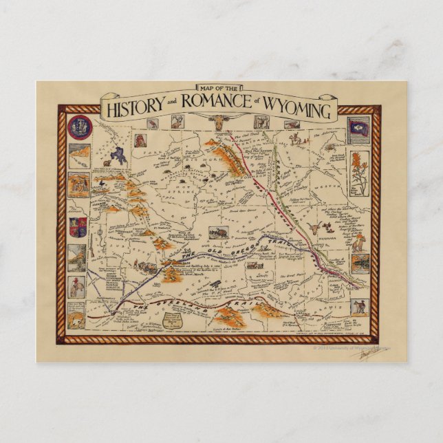 Cartão Postal Mapa da História e Romance do Wyoming (Frente)