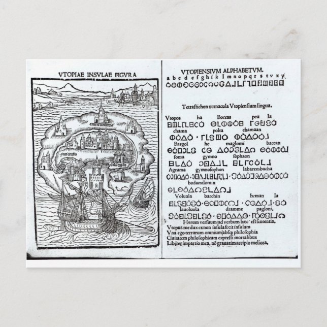Cartão Postal Mapa da Ilha da Utopia e do seu Alfabeto (Frente)