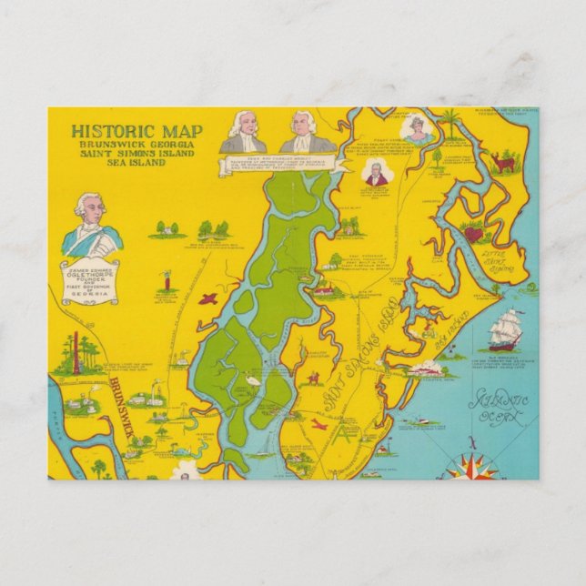 Cartão Postal Mapa da Ilha St Simons (Frente)
