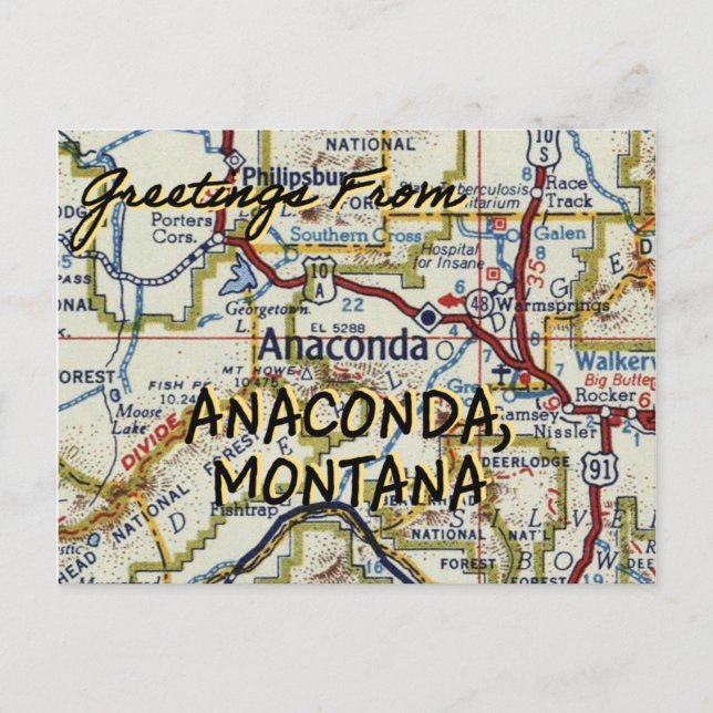 Cartão Postal Mapa da Imagem de Anaconda Montana (Frente)