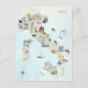 Cartão Postal Mapa da Itália Ilustrado com Aquarela Arte