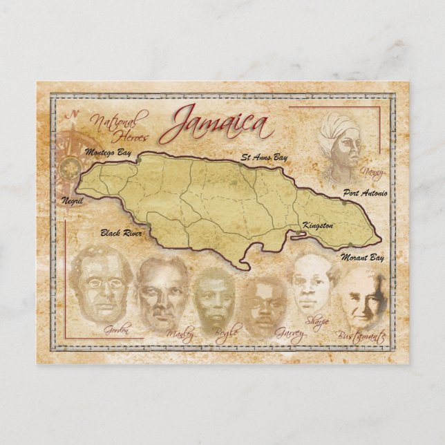 Cartão Postal Mapa da Jamaica com Heróis Nacionais (Frente)