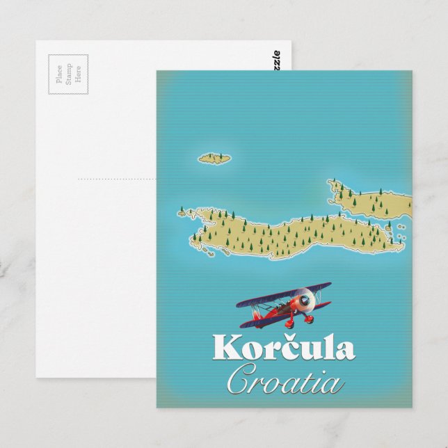 Cartão Postal Mapa da Korčula Croácia (Frente/Verso)